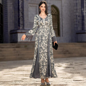 V-neck Satin Printed Muslim Dress
