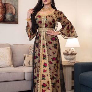 Middle Eastern Ethnic Style Printed Embroidery Lace Mesh Dress Dubai