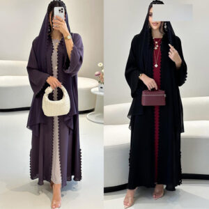 Fashion Dubai Turkey Elegant Cardigan With Scarf Two-piece Set