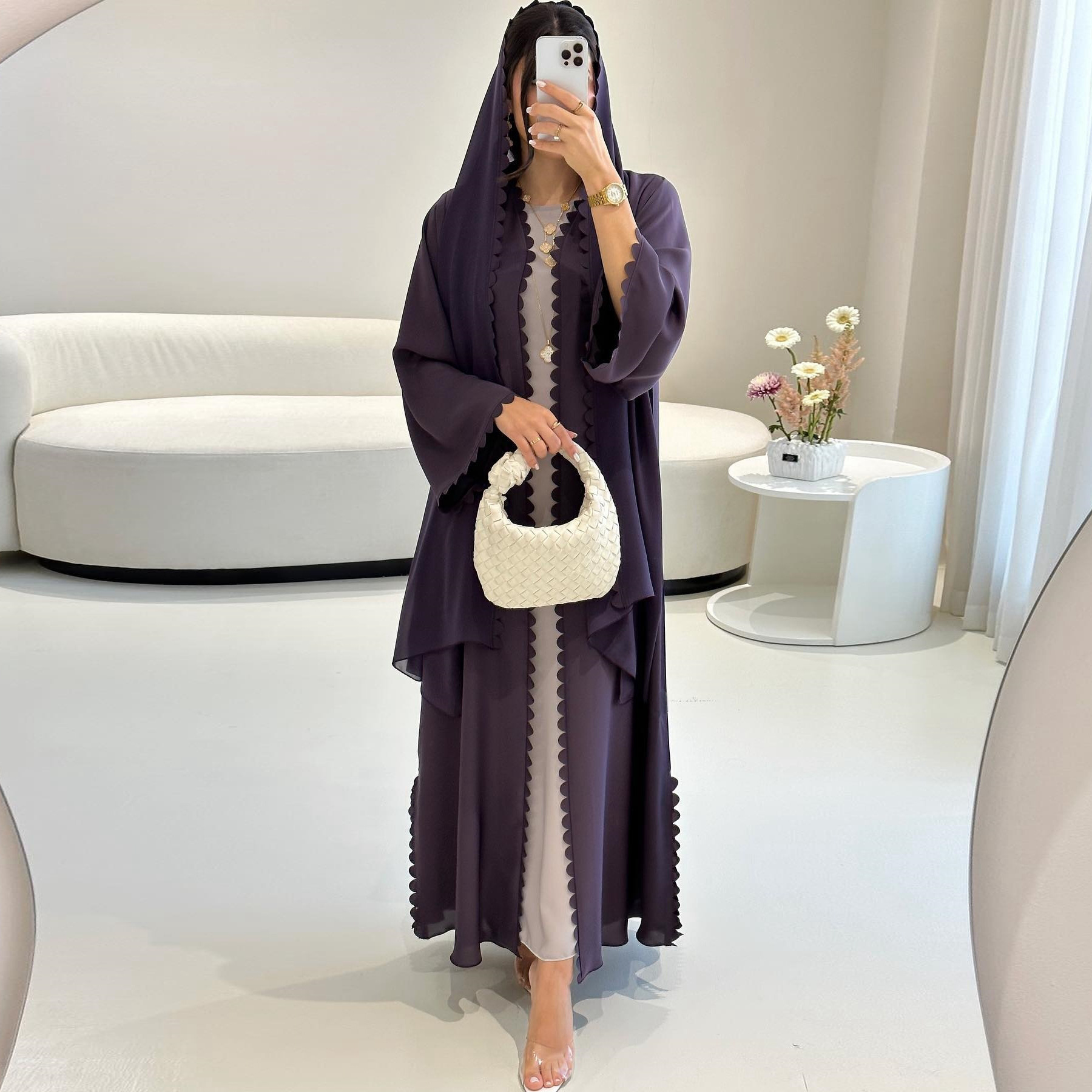 Fashion Dubai Turkey Elegant Cardigan With Scarf Two-piece Set - Image 2