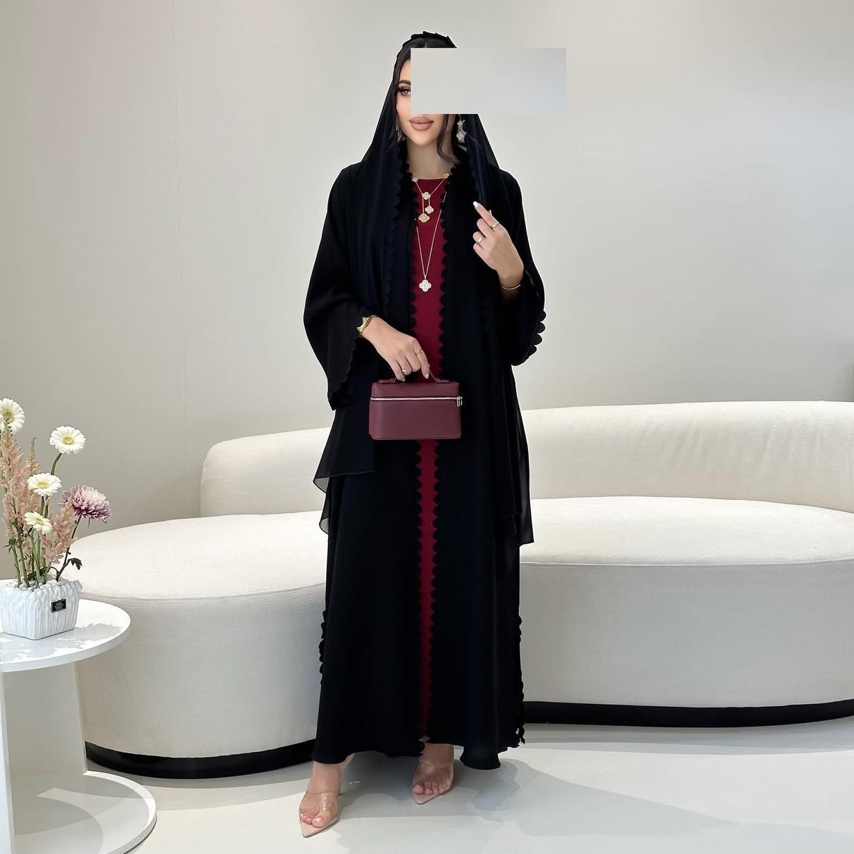 Fashion Dubai Turkey Elegant Cardigan With Scarf Two-piece Set - Image 3