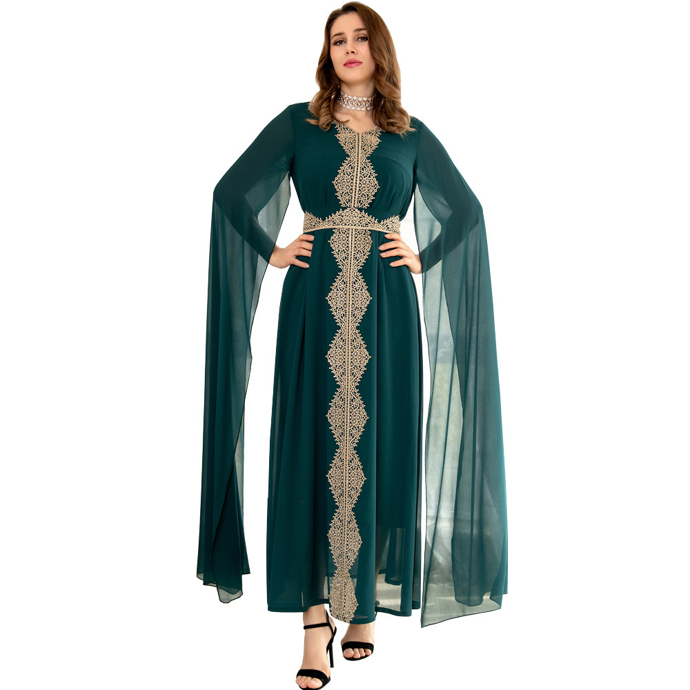 Cape Sleeve Lace Chiffon Dubai Arab Batwing Sleeve Dress - Image 3