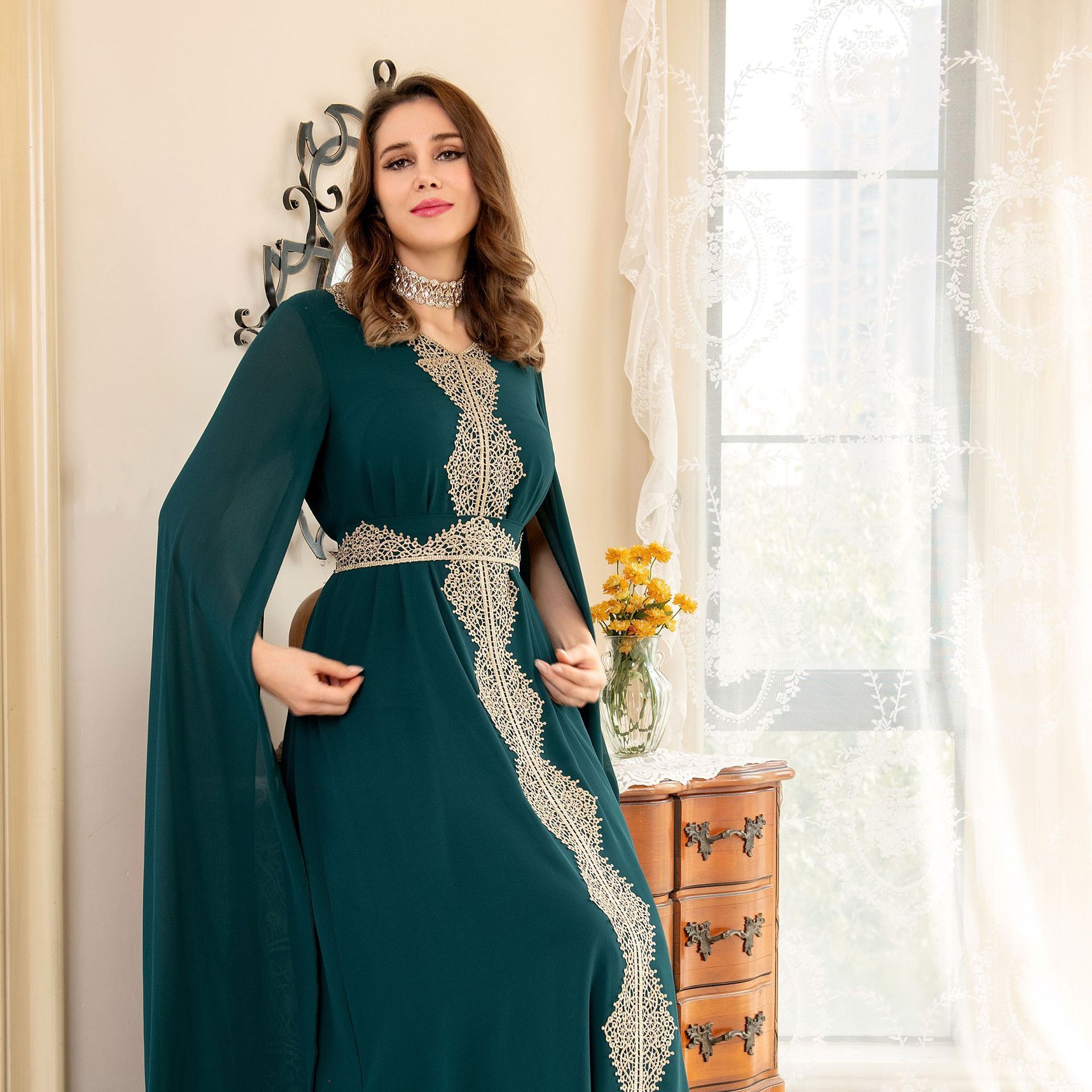 Cape Sleeve Lace Chiffon Dubai Arab Batwing Sleeve Dress - Image 5