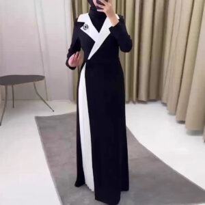 Women Fashion Color Contrast Stitching Pleated Dubai Robe Dress Female