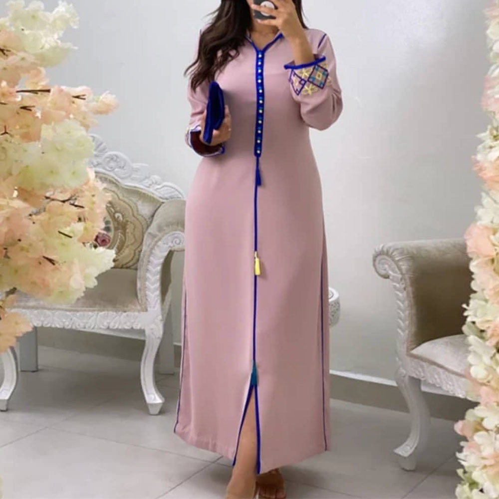 Long Sleeve Printed Fringe Loose Ethnic Dubai Maxi Dress - Image 5