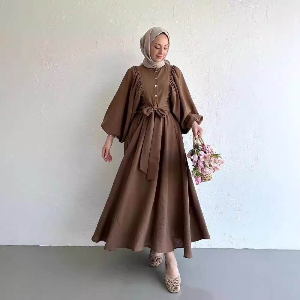 Muslim Fashion Suit Bishop Sleeves Top Swing Mid-length Dress Set - Image 2