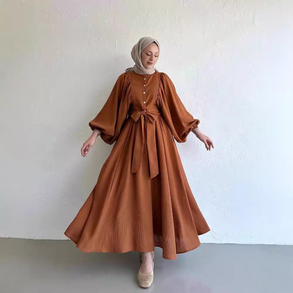 Muslim Fashion Suit Bishop Sleeves Top Swing Mid-length Dress Set - Image 3