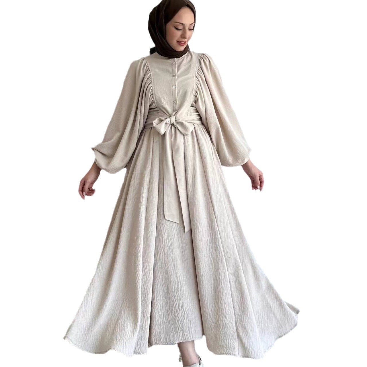 Muslim Fashion Suit Bishop Sleeves Top Swing Mid-length Dress Set - Image 5