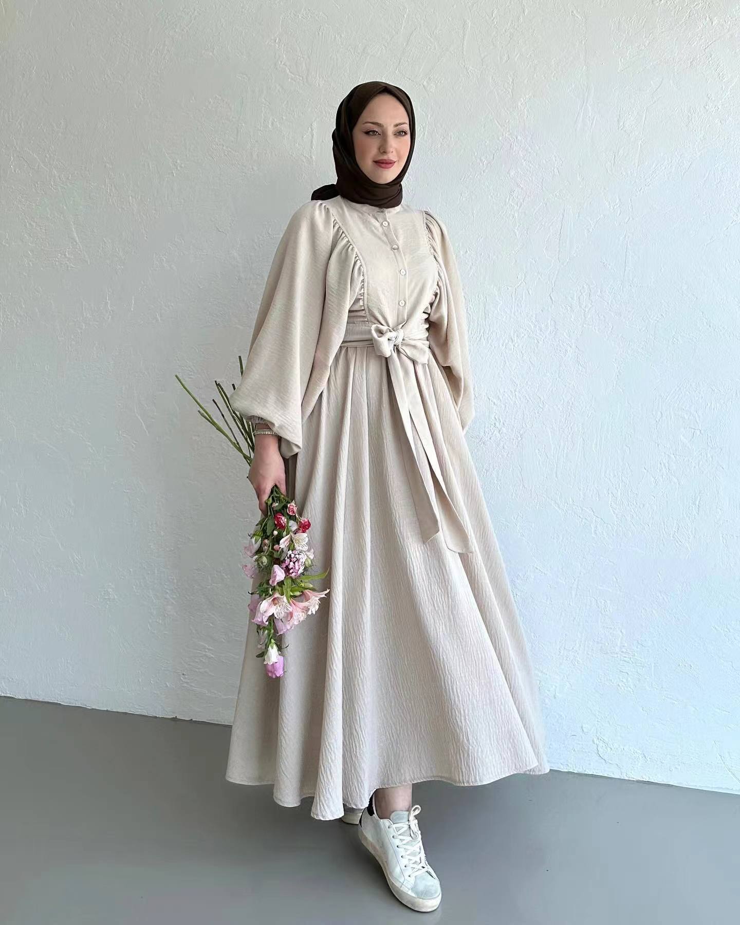 Muslim Fashion Suit Bishop Sleeves Top Swing Mid-length Dress Set - Image 6