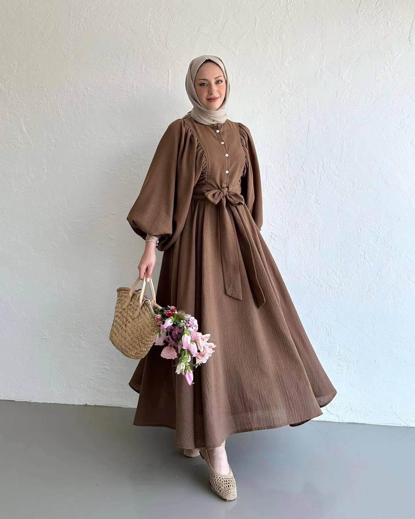 Muslim Fashion Suit Bishop Sleeves Top Swing Mid-length Dress Set - Image 7
