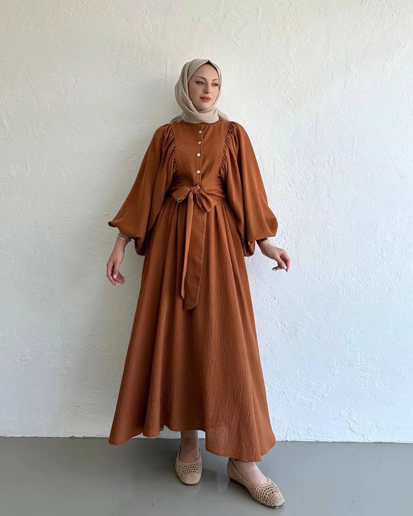 Muslim Fashion Suit Bishop Sleeves Top Swing Mid-length Dress Set - Image 8