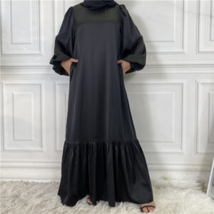 New Fashion Women's Patchwork Muslim Lace Up Solid Color Dress