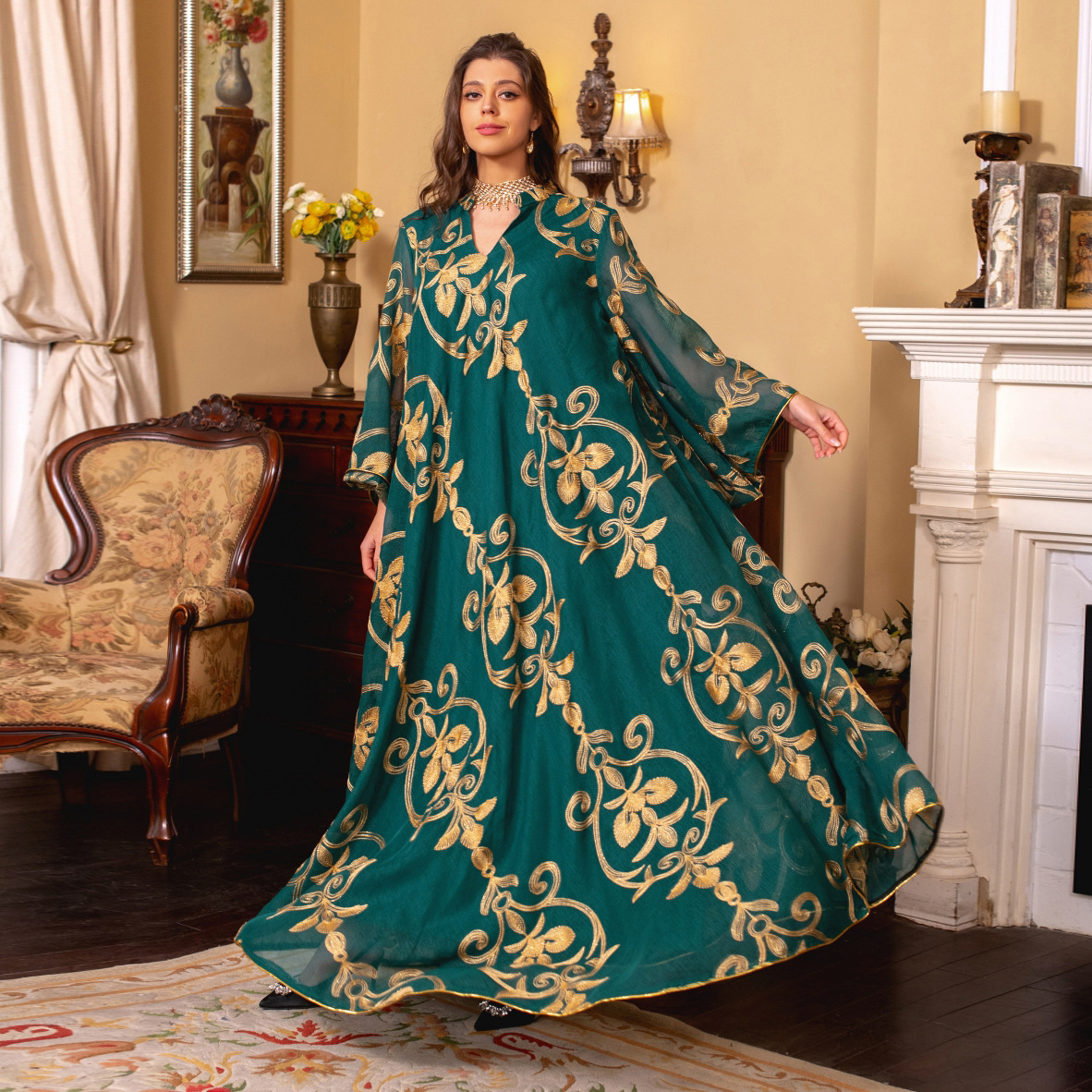 Arab Dubai Embroidered Mesh Dress European Muslim Party Dinner Fashion - Image 4