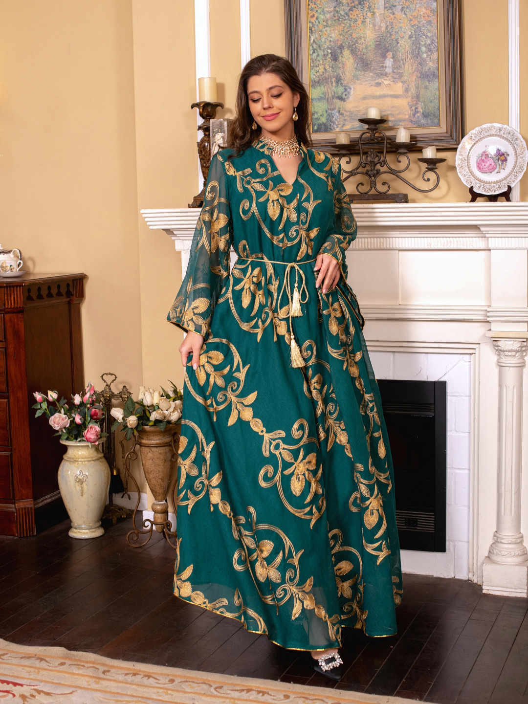 Arab Dubai Embroidered Mesh Dress European Muslim Party Dinner Fashion - Image 8