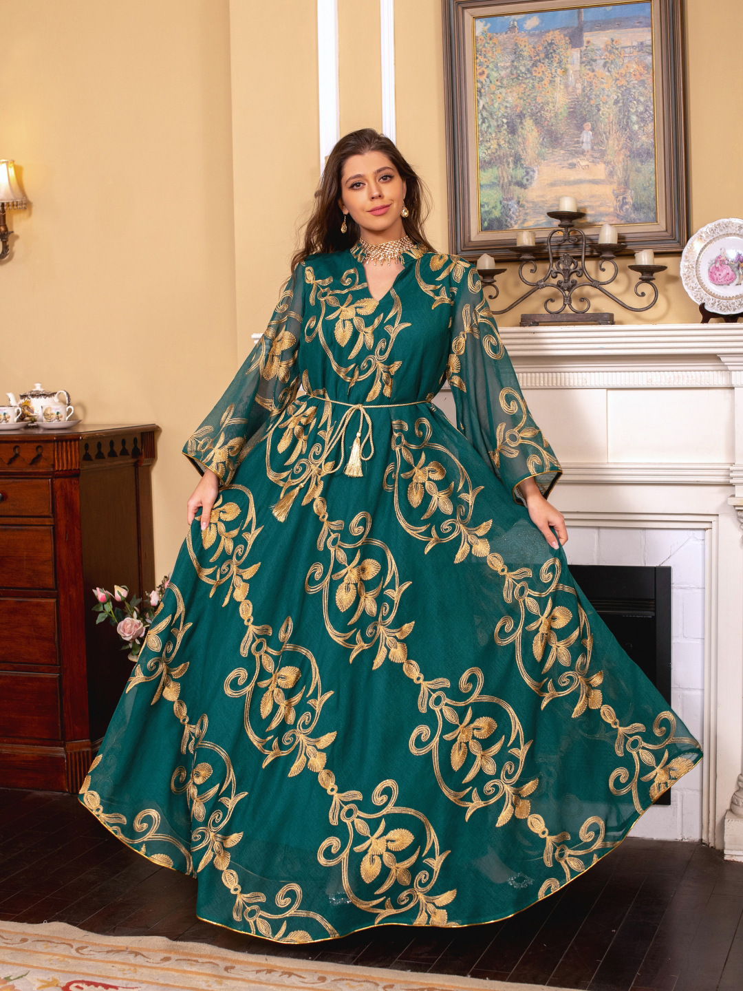 Arab Dubai Embroidered Mesh Dress European Muslim Party Dinner Fashion - Image 9