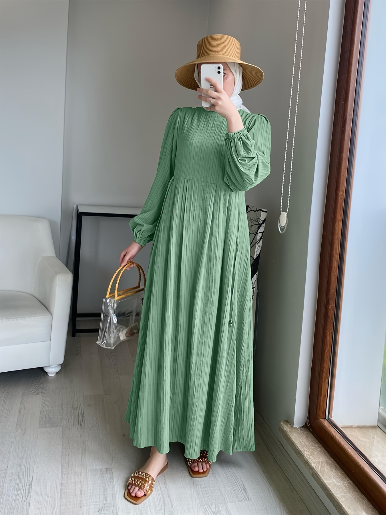 Muslim Round Neck Lantern Sleeve Robe Elegant And Comfortable Dress - Image 3