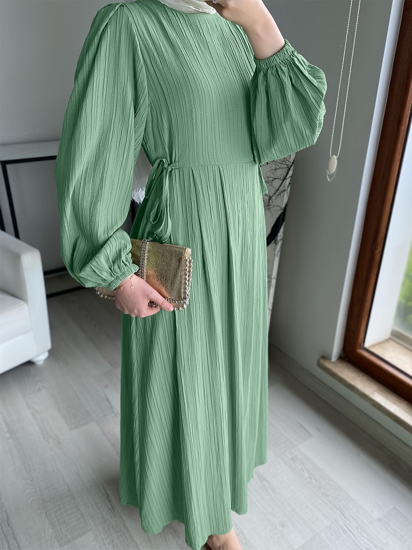 Muslim Round Neck Lantern Sleeve Robe Elegant And Comfortable Dress - Image 5