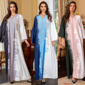 Pearl Embroidery Muslim Dress Tie-dye Rhinestone Robe