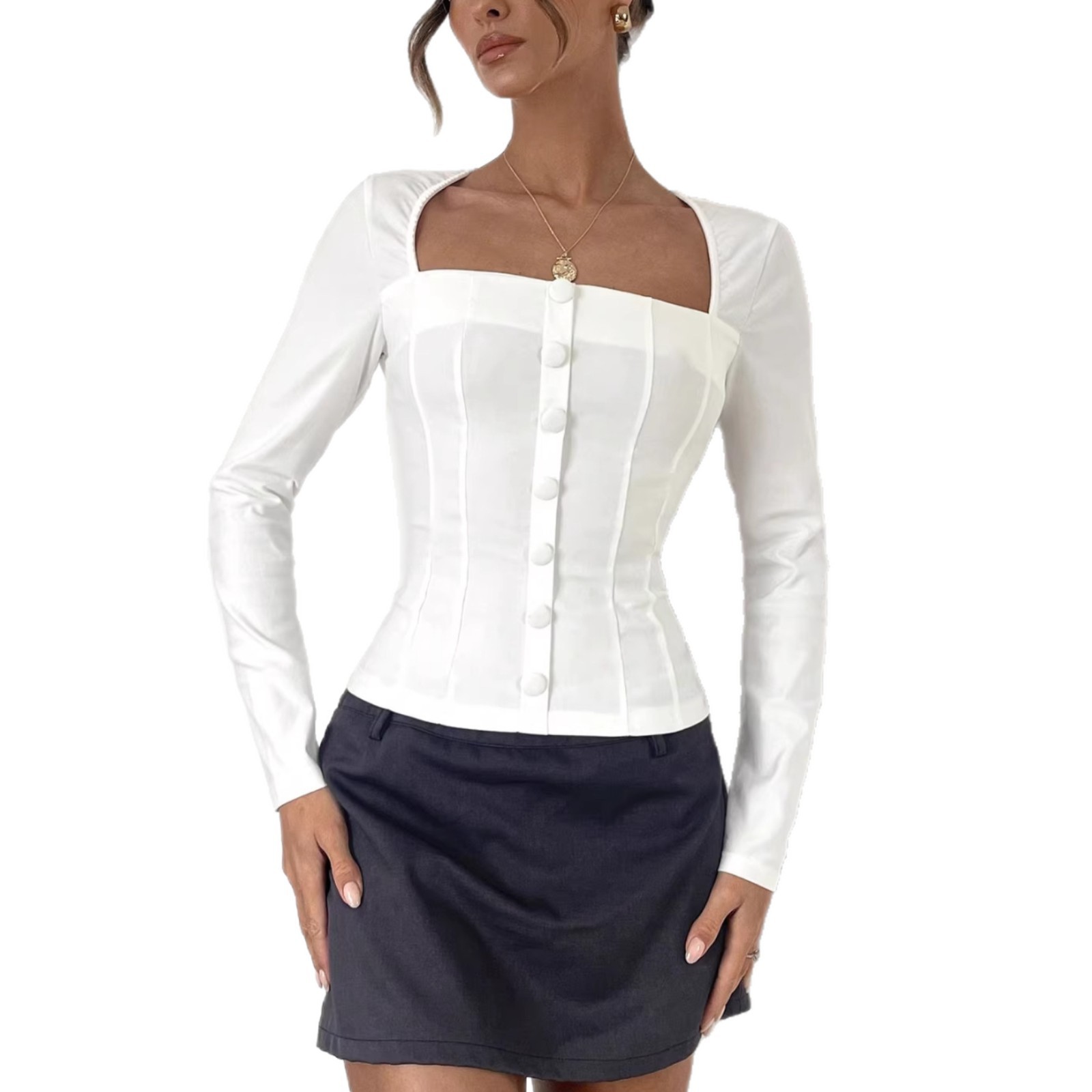 Chic Tailored Top With A Pleated Design And A Square Neckline - Image 3