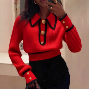 Designer-style Red Sweater With A Bold Color-block Design For Fall And Winter