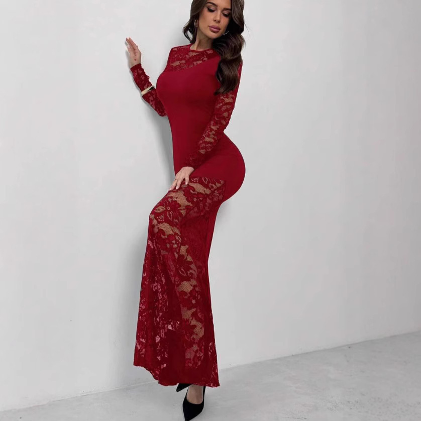 Womens Solid-Color Lace-Panel Long-Sleeve Dress - Image 8