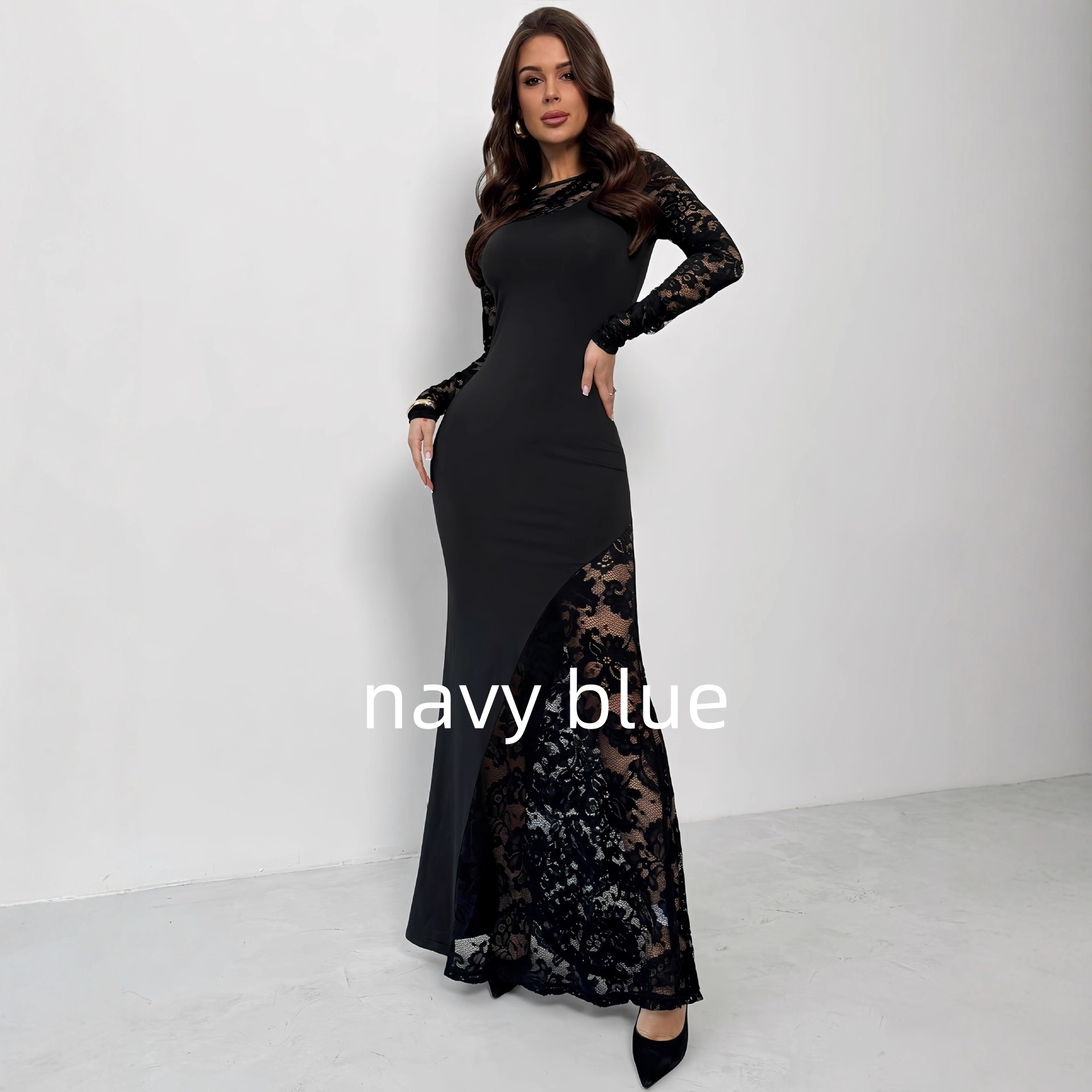 Womens Solid-Color Lace-Panel Long-Sleeve Dress - Image 10