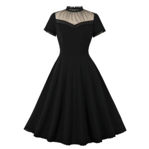 Elegant Womens Ruffled Collar Mesh Patchwork Hollow-Out Dress
