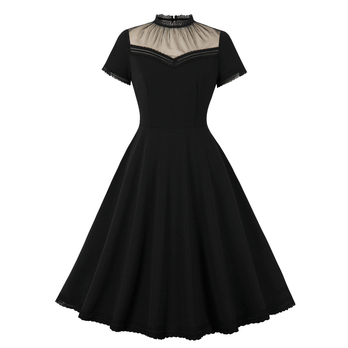 Elegant Womens Ruffled Collar Mesh Patchwork Hollow-Out Dress