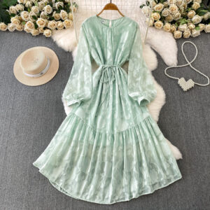 Green Jacquard Slimming Dress With Ruffled Hem