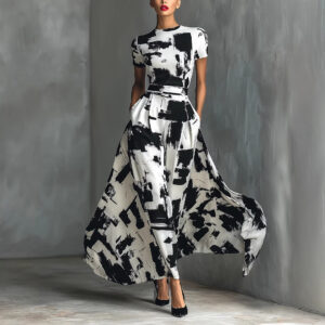 Modern Art-Style Black-and-White Abstract Print Dress