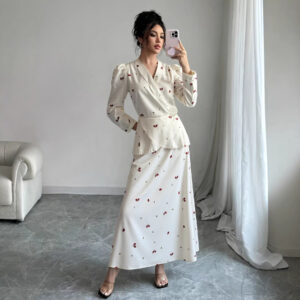 New V-neck Puff-sleeved Waist-cinched Satin Dress With A Cherry Print