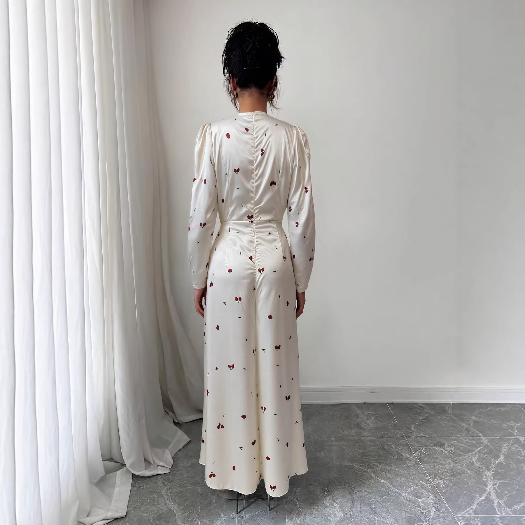 New V-neck Puff-sleeved Waist-cinched Satin Dress With A Cherry Print - Image 2