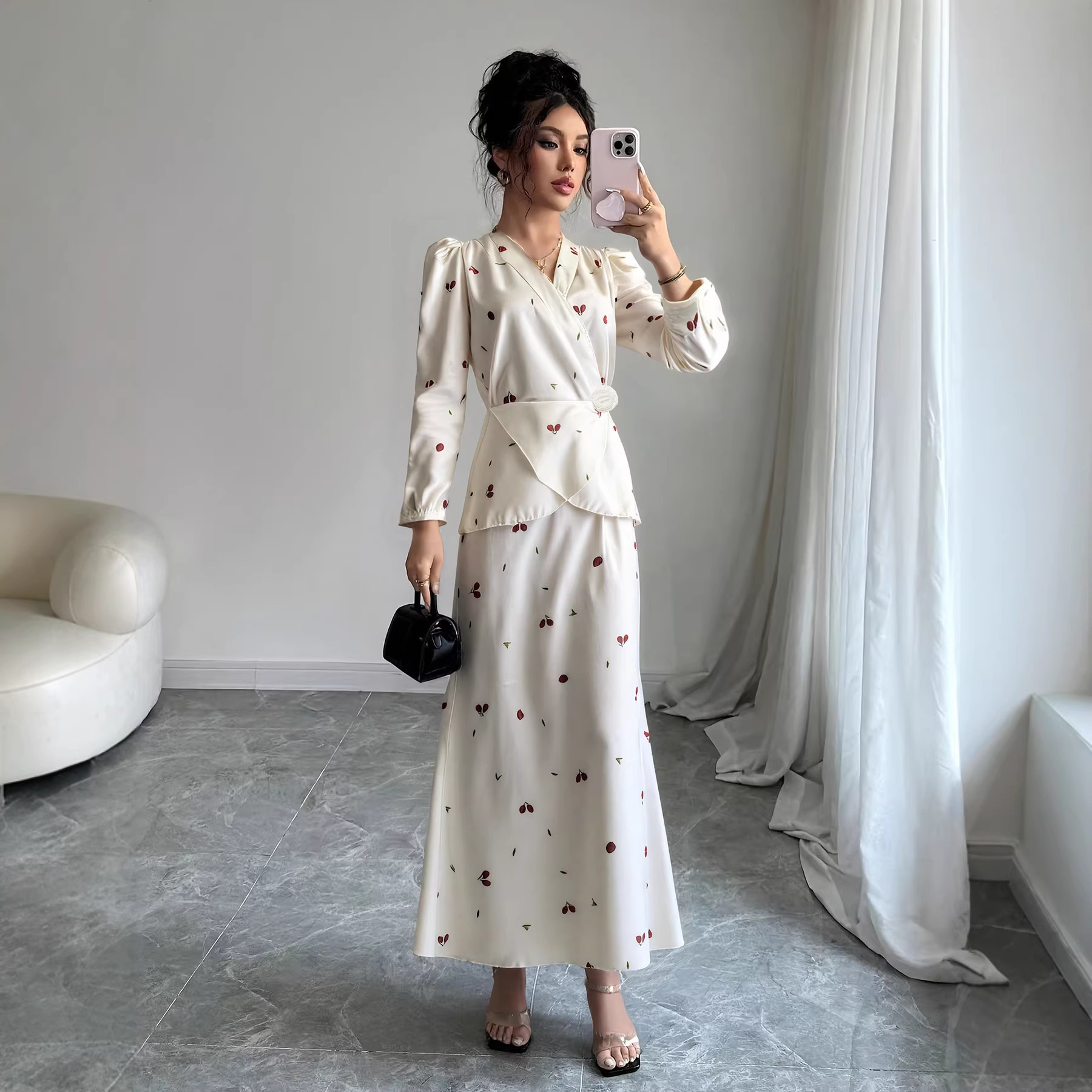 New V-neck Puff-sleeved Waist-cinched Satin Dress With A Cherry Print - Image 3