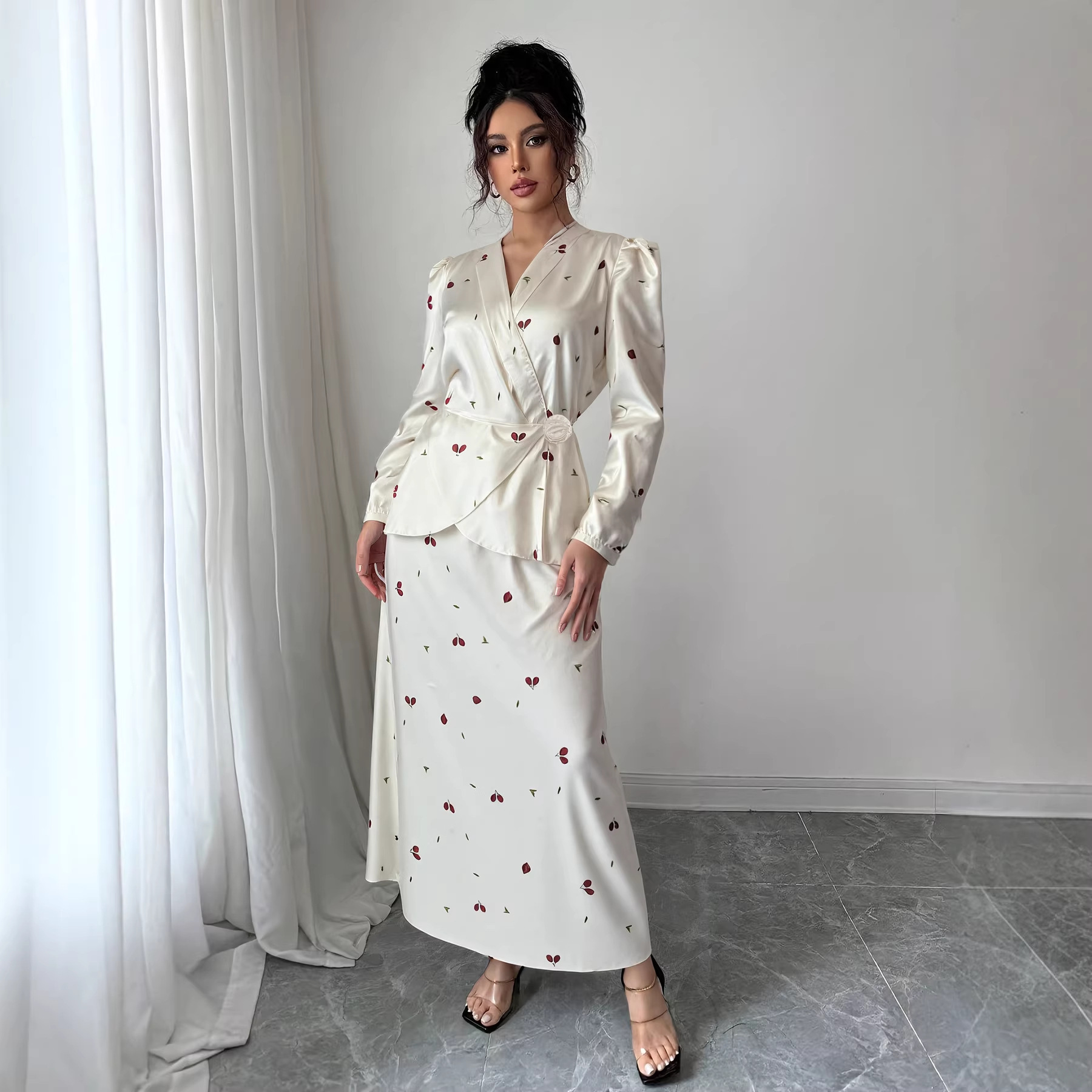 New V-neck Puff-sleeved Waist-cinched Satin Dress With A Cherry Print - Image 4