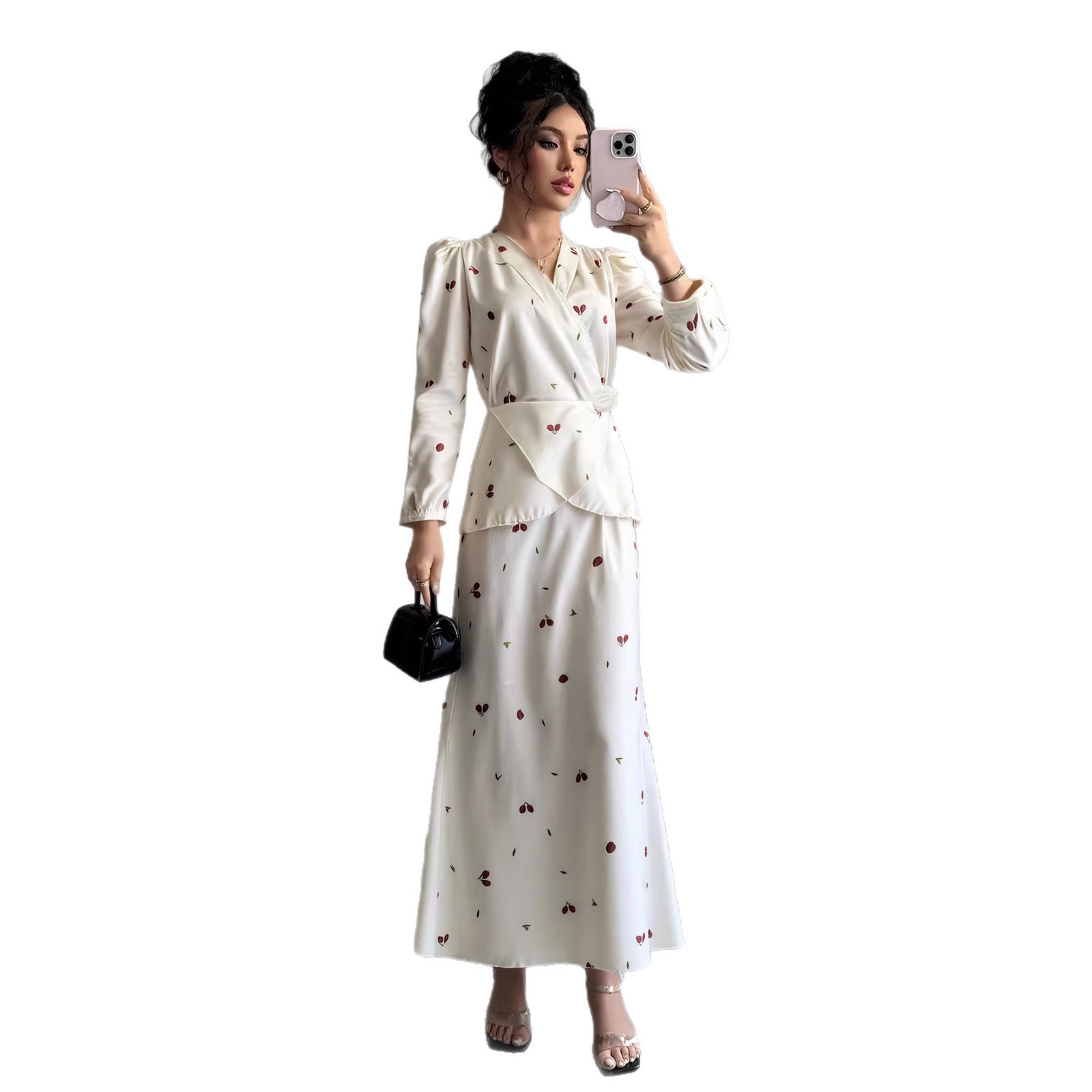 New V-neck Puff-sleeved Waist-cinched Satin Dress With A Cherry Print - Image 5