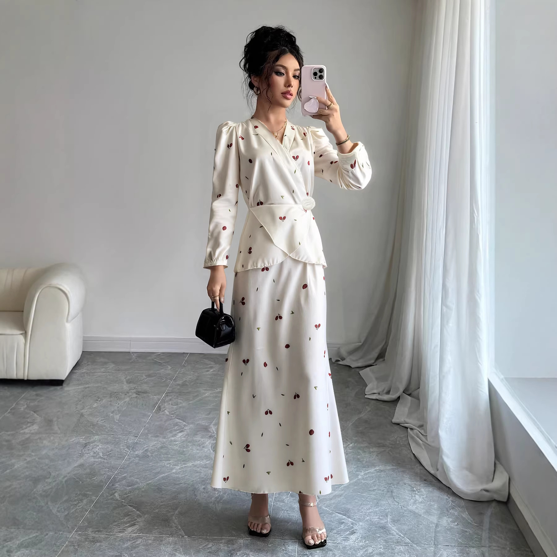 New V-neck Puff-sleeved Waist-cinched Satin Dress With A Cherry Print - Image 6