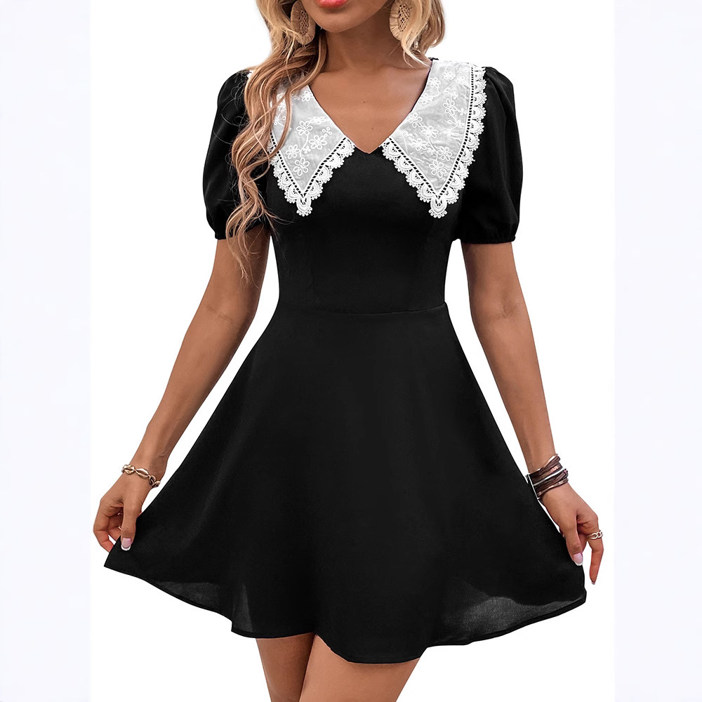 European And American Color-Block Doll Collar Puff-Sleeve Dress - Image 5