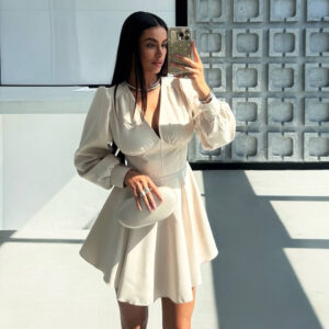 V-neck Puff-sleeve High-waisted A-line Elegant Dress