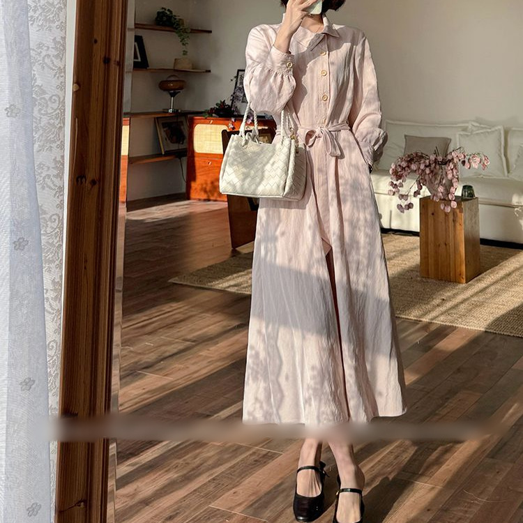 Stand Up Collar Lapel Long Sleeve Belted Loose Fitting Dress