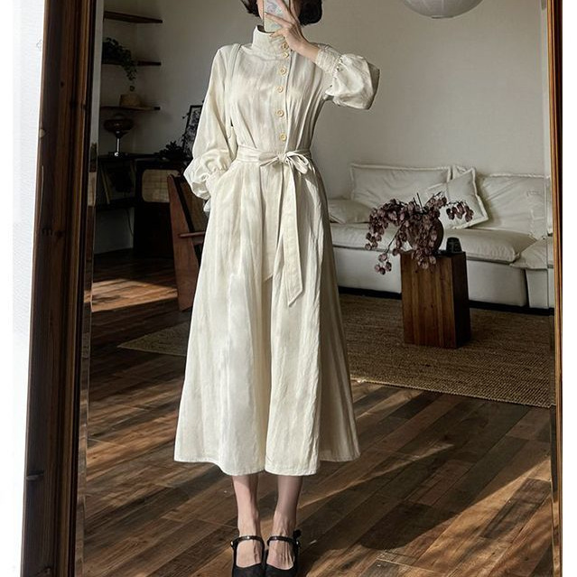 Stand Up Collar Lapel Long Sleeve Belted Loose Fitting Dress - Image 2