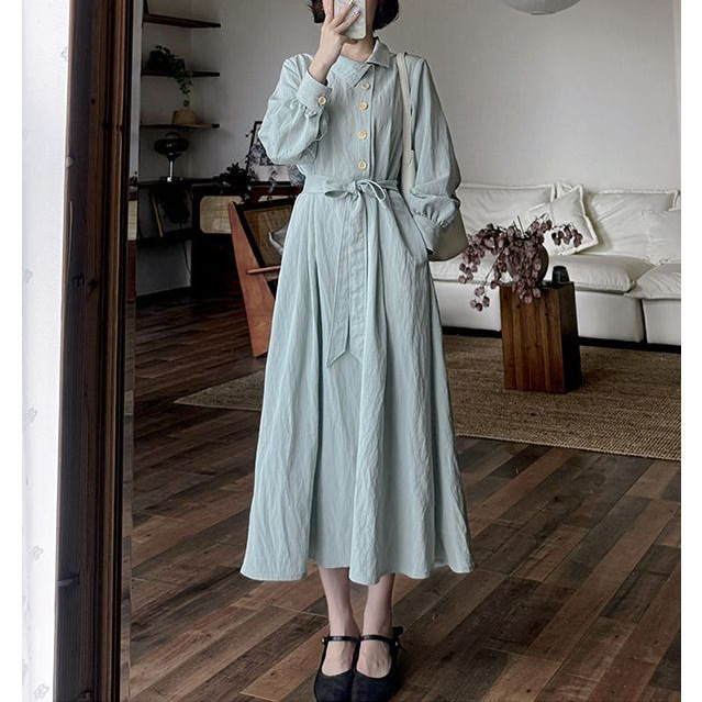 Stand Up Collar Lapel Long Sleeve Belted Loose Fitting Dress - Image 3
