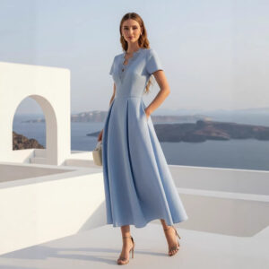 Womens French-Style V-Neck Lace-Waisted Short-Sleeve Dress