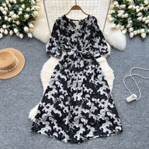 French Retro-Style High-End Printed Puff Sleeve Dress