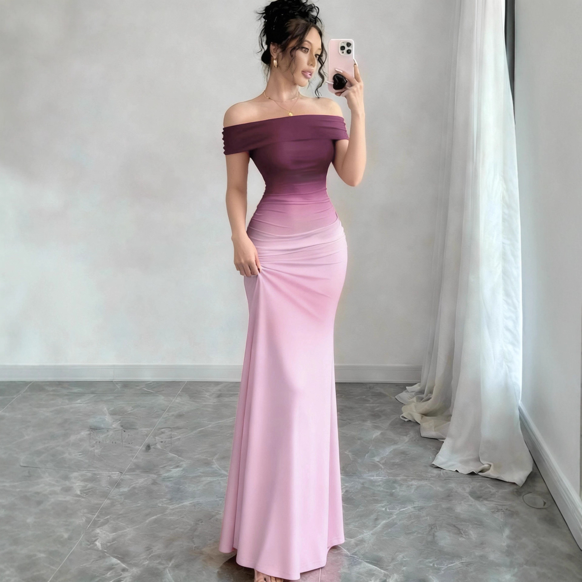 Gradient One Shoulder Sheath Maxi Dress - Image 2
