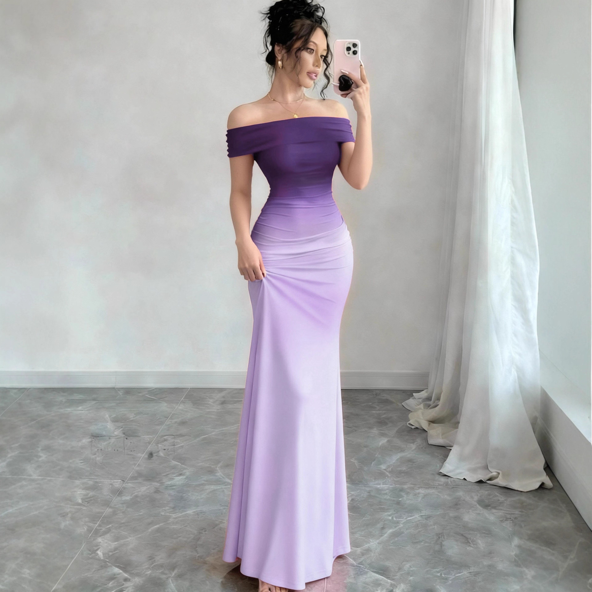 Gradient One Shoulder Sheath Maxi Dress - Image 3