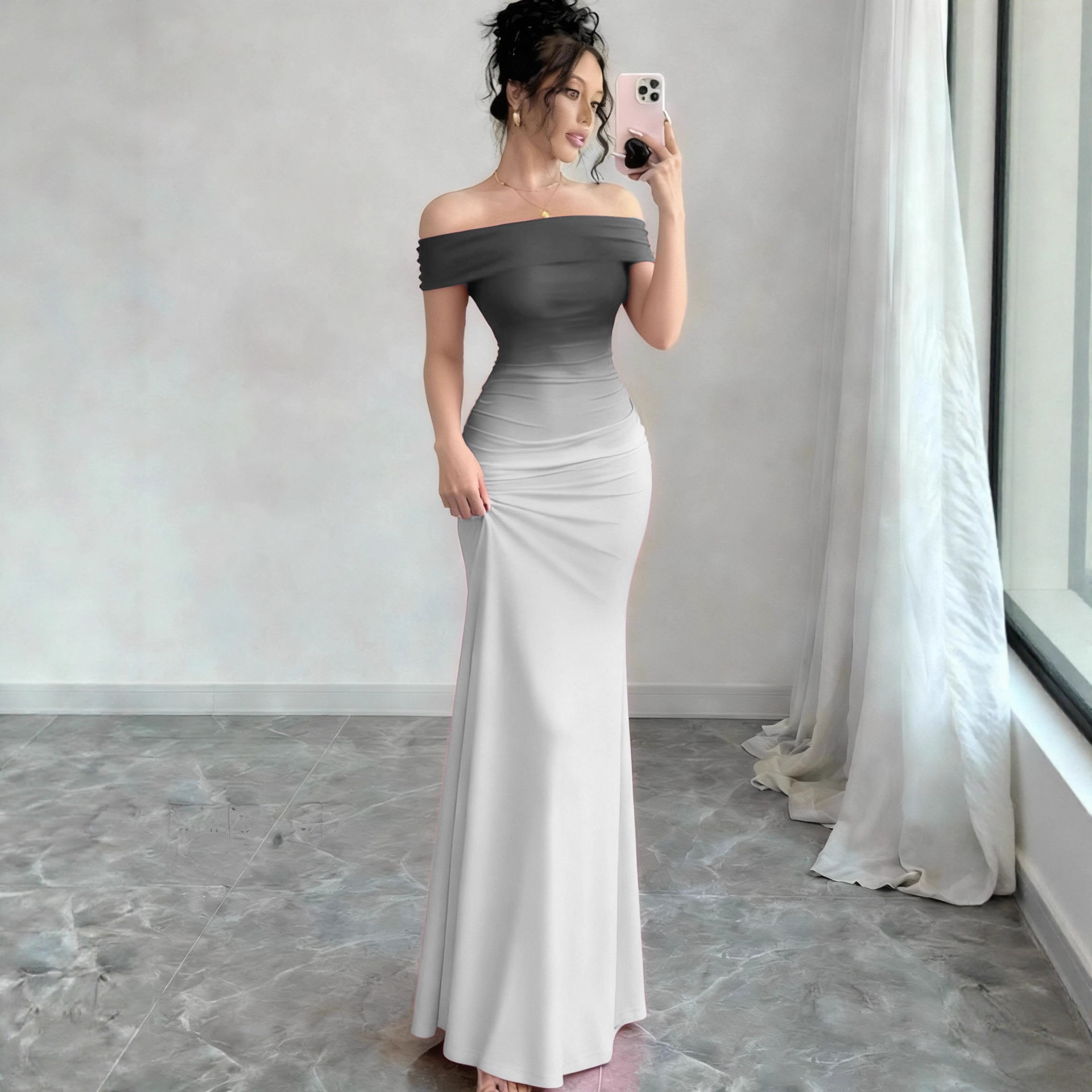 Gradient One Shoulder Sheath Maxi Dress - Image 4