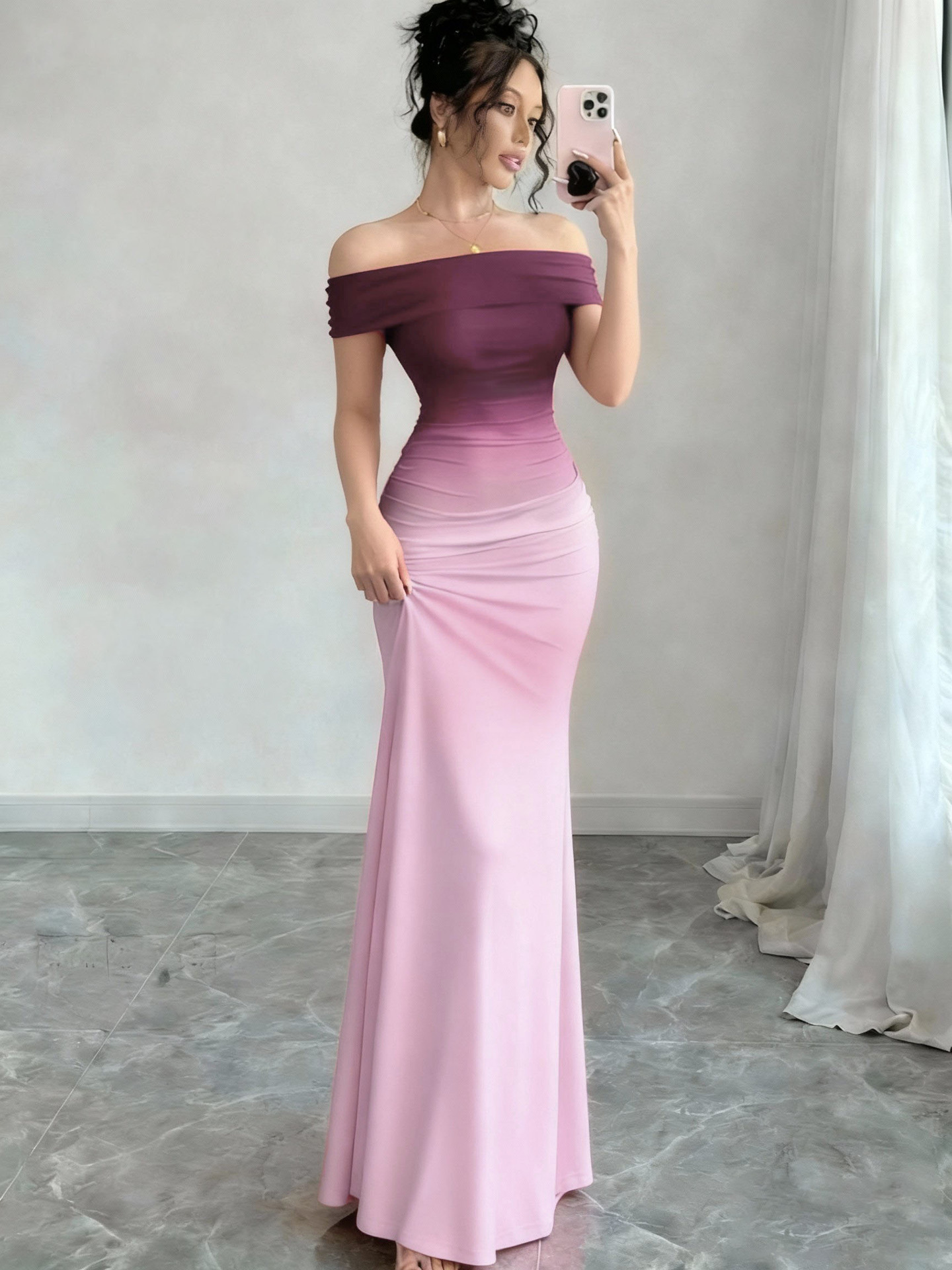 Gradient One Shoulder Sheath Maxi Dress - Image 6