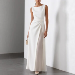 European And American-style Pleated Solid-color Patchwork Sleeveless Long Dress With A Round Neck