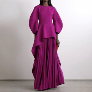 Pleated Solid-color Patchwork Layered Long-sleeve Loose Crew-neck Maxi Dress