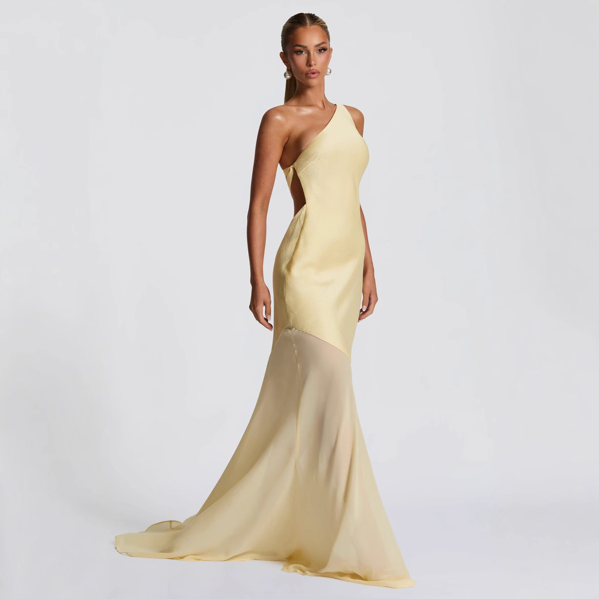 Womens Figure-hugging Mesh Maxi Dress With Tie-up Detailing - Image 3